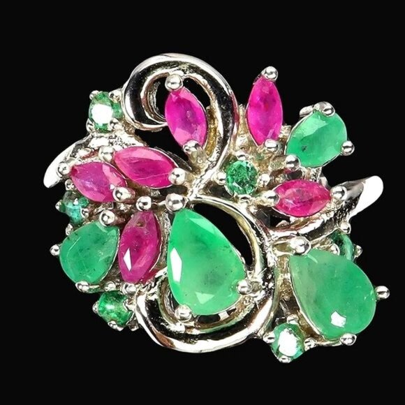 Natural Emerald 6x4mm & Ruby 925 Sterling Silver Ring Sz 6.5 - Picture 1 of 7